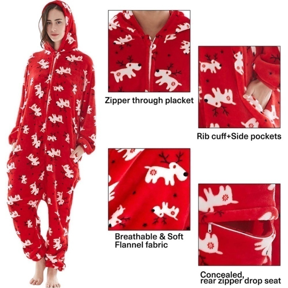 Christmas Reindeer Hooded Onesie with Zippered Rear Flap
